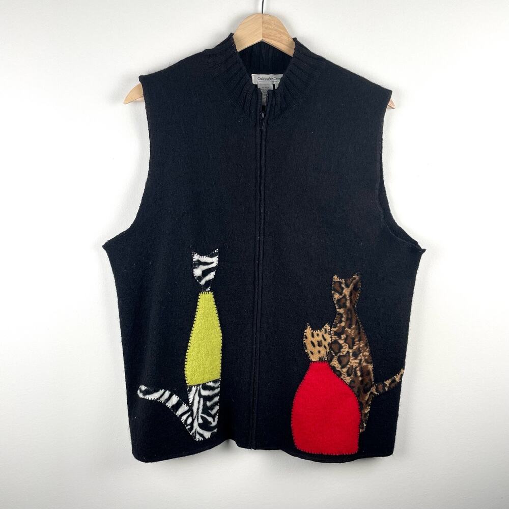 Cats Wool Vest Full Zip Black Animal Print - Size L - Picture 7 of 7